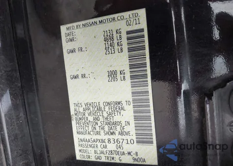 2011 Nissan Maxima S/Sv z USA, uszkodzony, nr VIN 1N4AA5APXBC836710